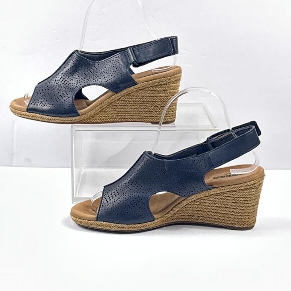 Clarks Lafley Rosen Sandals Womens 8.5 Navy Wedge Slingback Espadrille Cushion - Picture 3 of 11